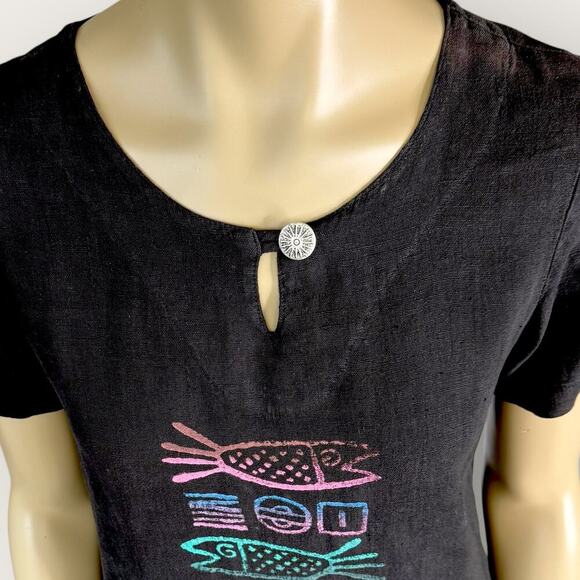 Blue Cactus Vintage 100% Linen Short Sleeve Hand Paint Shift Dress Size PS Black - Picture 6 of 15